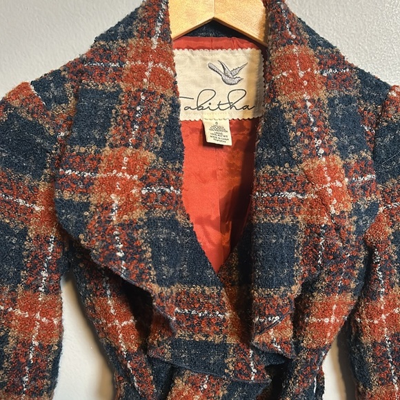 Anthropologie Tabitha Blue Waist Tie Tweed Ruffle Collar Plaid Wool Blazer Sze 0 - Picture 7 of 16